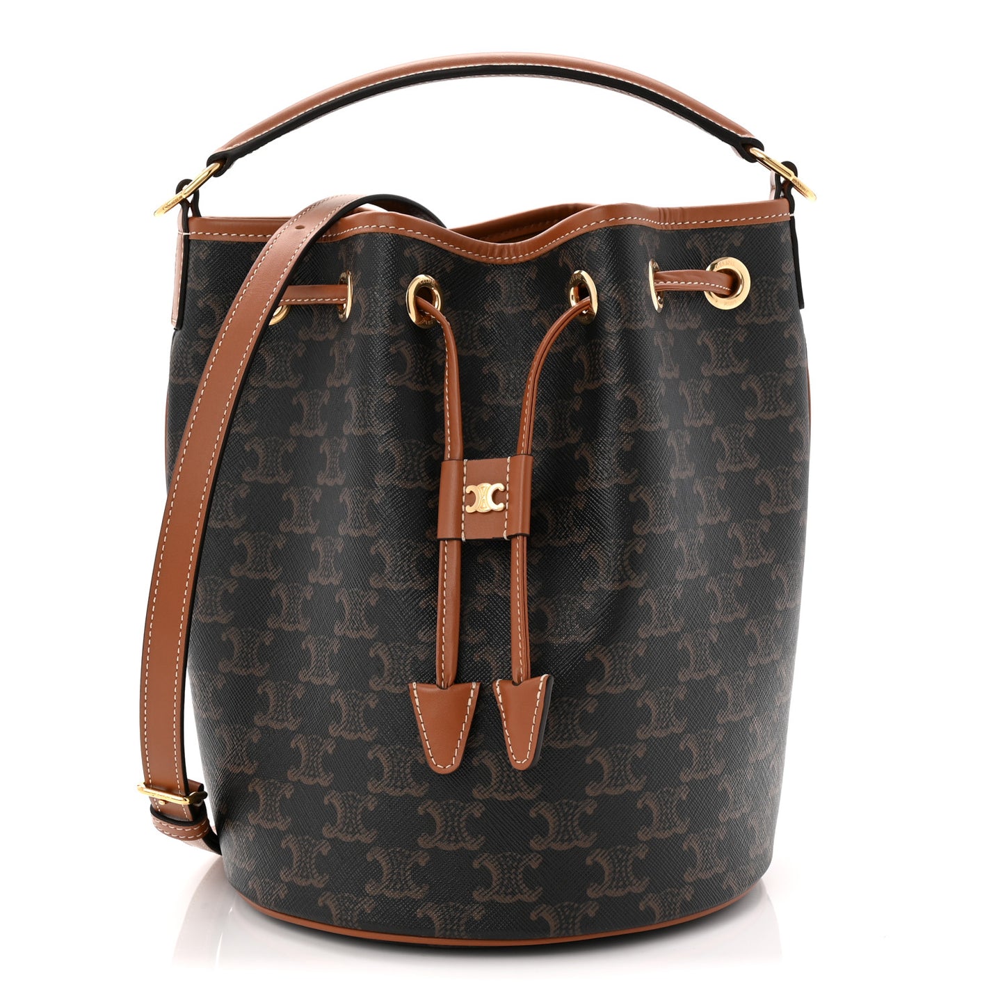Triomphe Canvas Calfskin Clara Drawstring Bucket Bag Tan