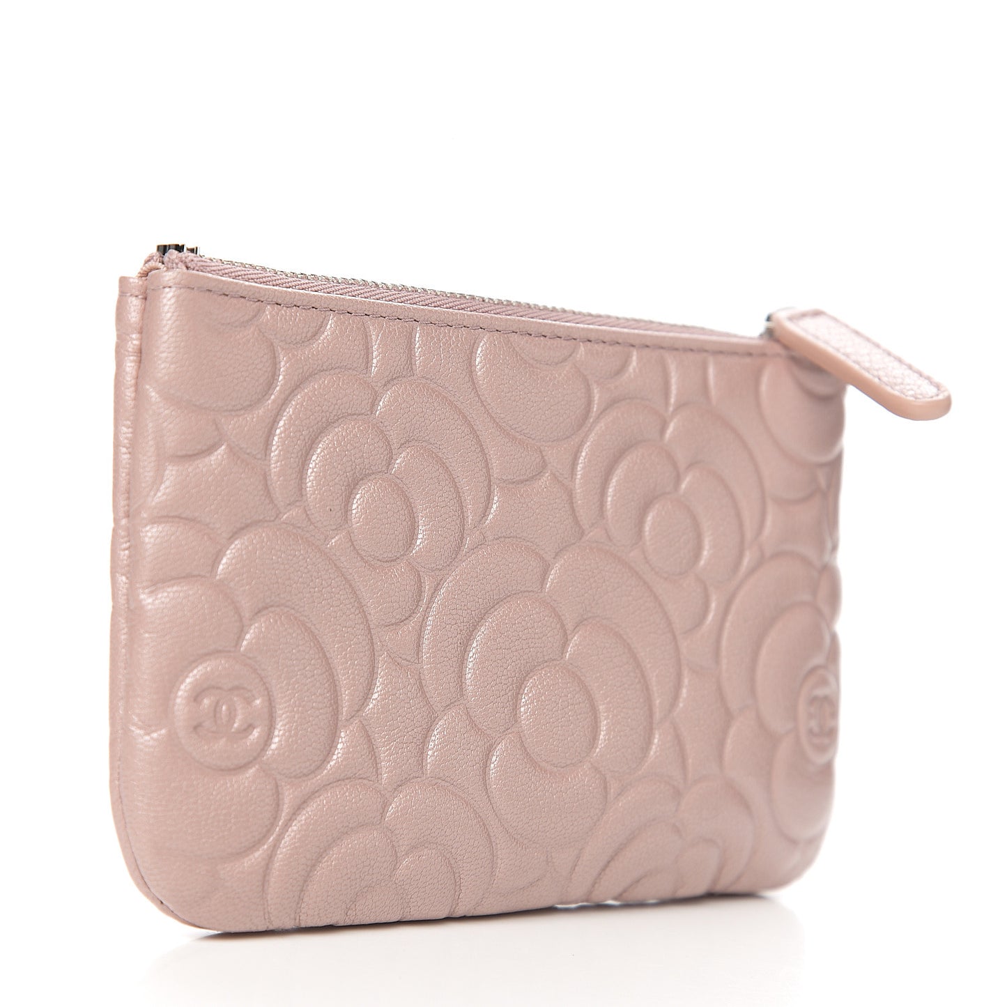 Goatskin Camellia Embossed Cosmetic Pouch Light Pink