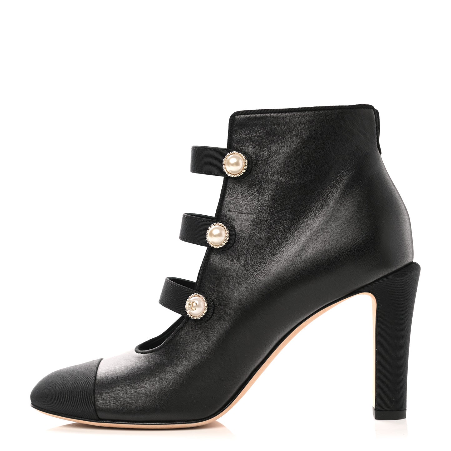 Lambskin Grosgrain Cap Toe Pearl Ankle Boots 39.5 Black