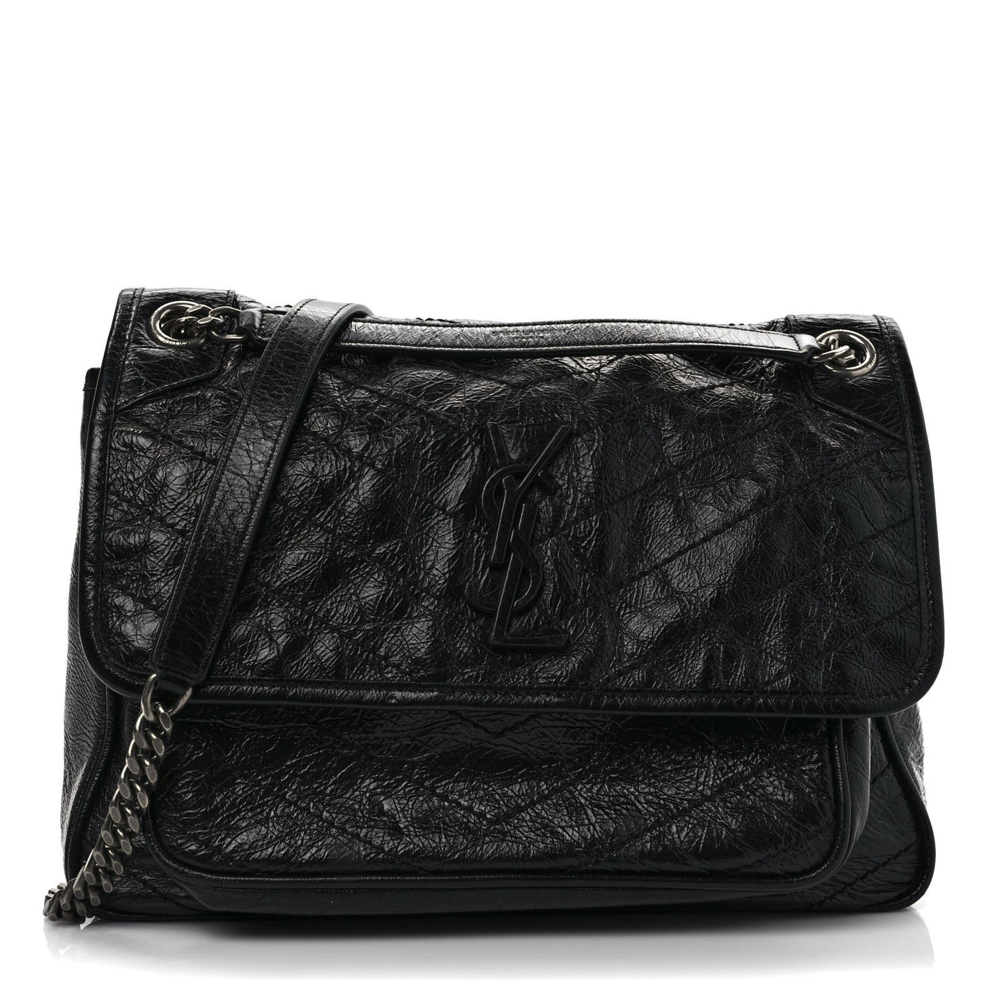 Crinkled Calfskin Matelasse Monogram Medium Niki Chain Satchel Black