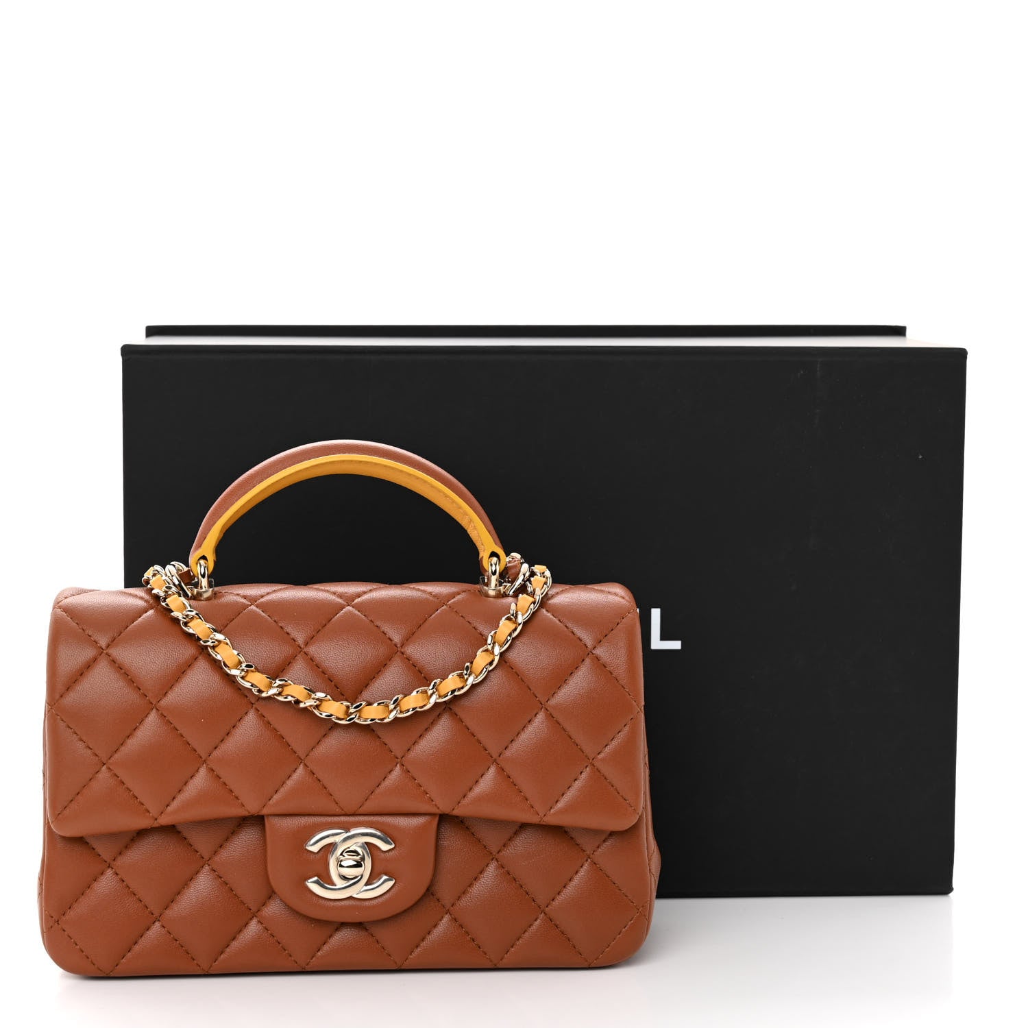 Chanel Lambskin Quilted Bi-Color Mini Top Handle Rectangular Flap Light Brown Yellow 11 of 11