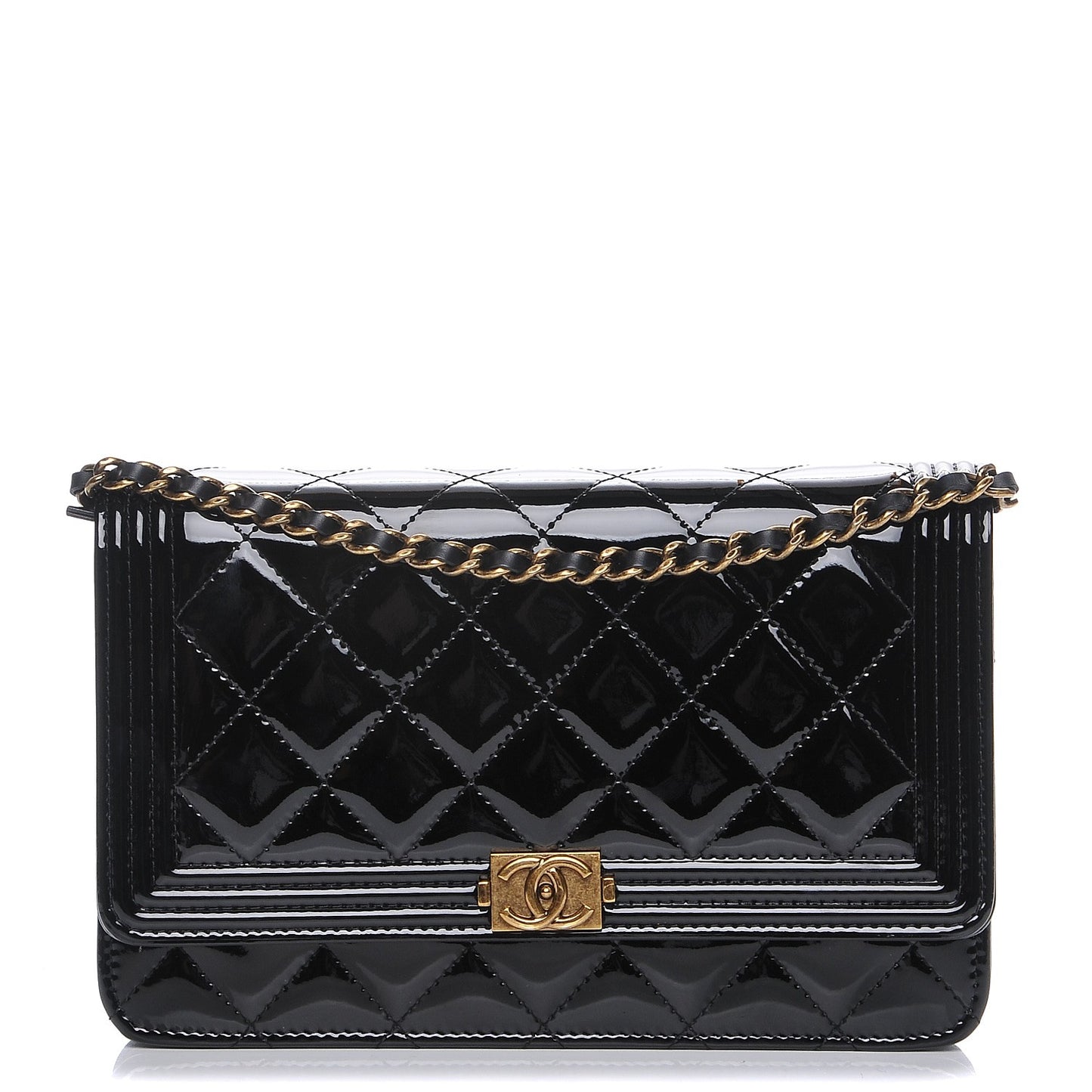 Patent Calfskin Quilted Boy Wallet On Chain WOC Black