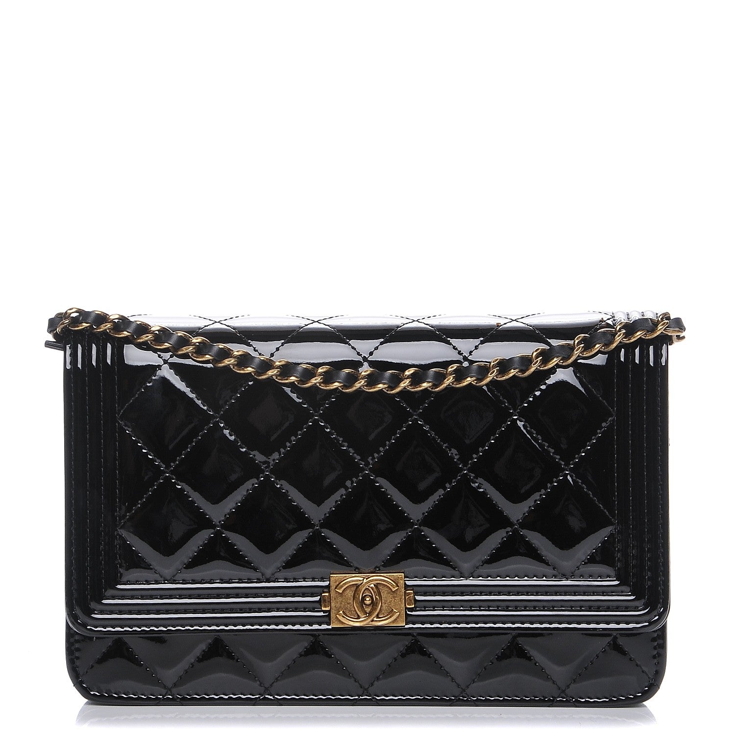 Chanel Patent Calfskin Quilted Boy Wallet On Chain WOC Black 1 of 8