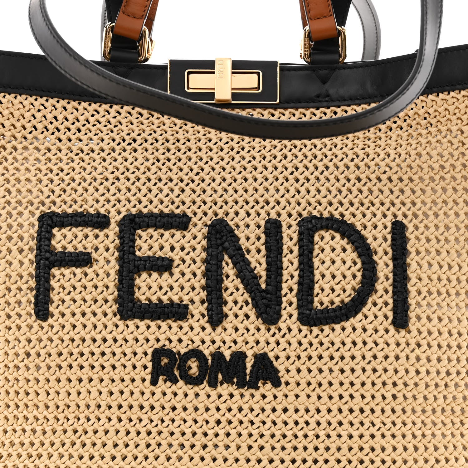 Fendi Raffia Vitello King Macrame Mesh Medium Peekaboo X-Tote Natural Black Cuoio 8 of 13