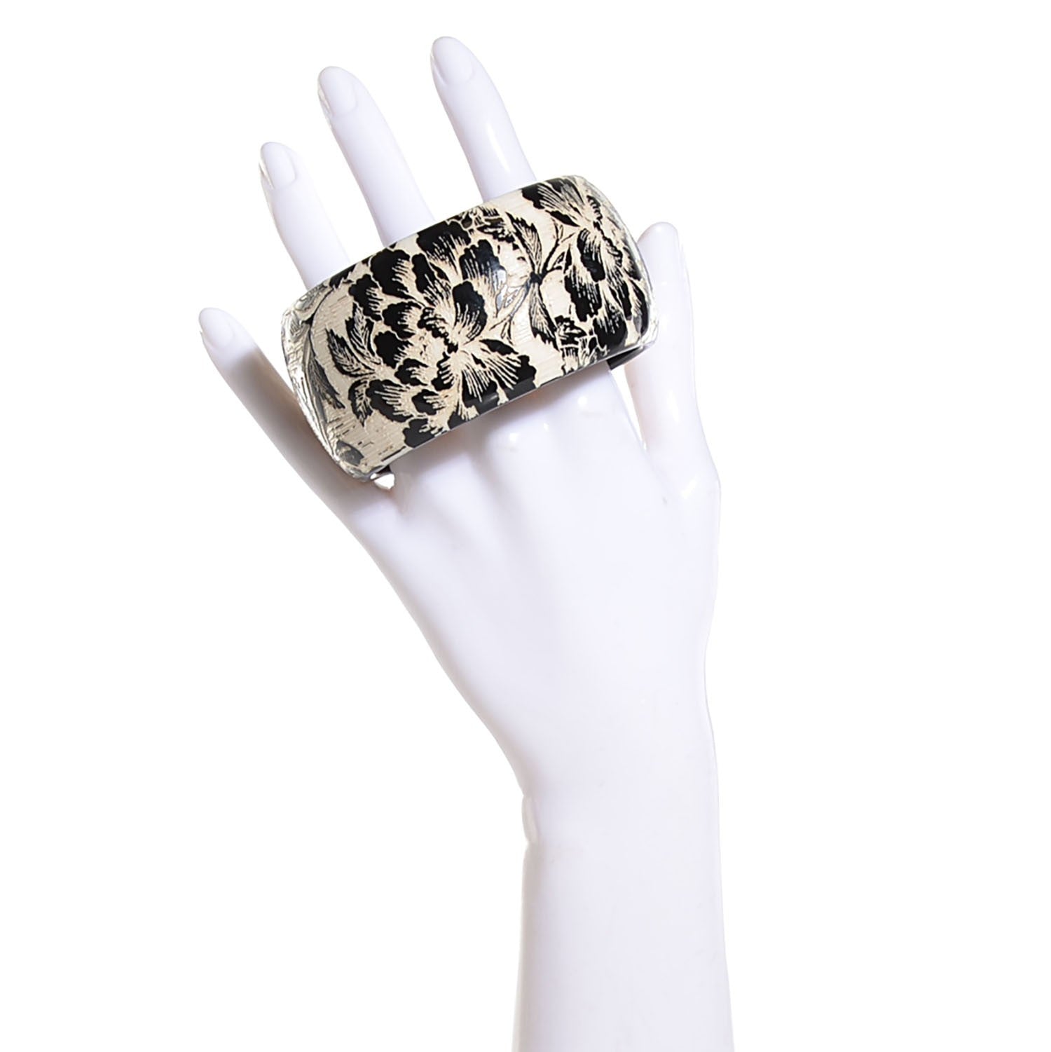 Chanel Resin Laser Etched Floral Bangle Black Cream 3 of 4