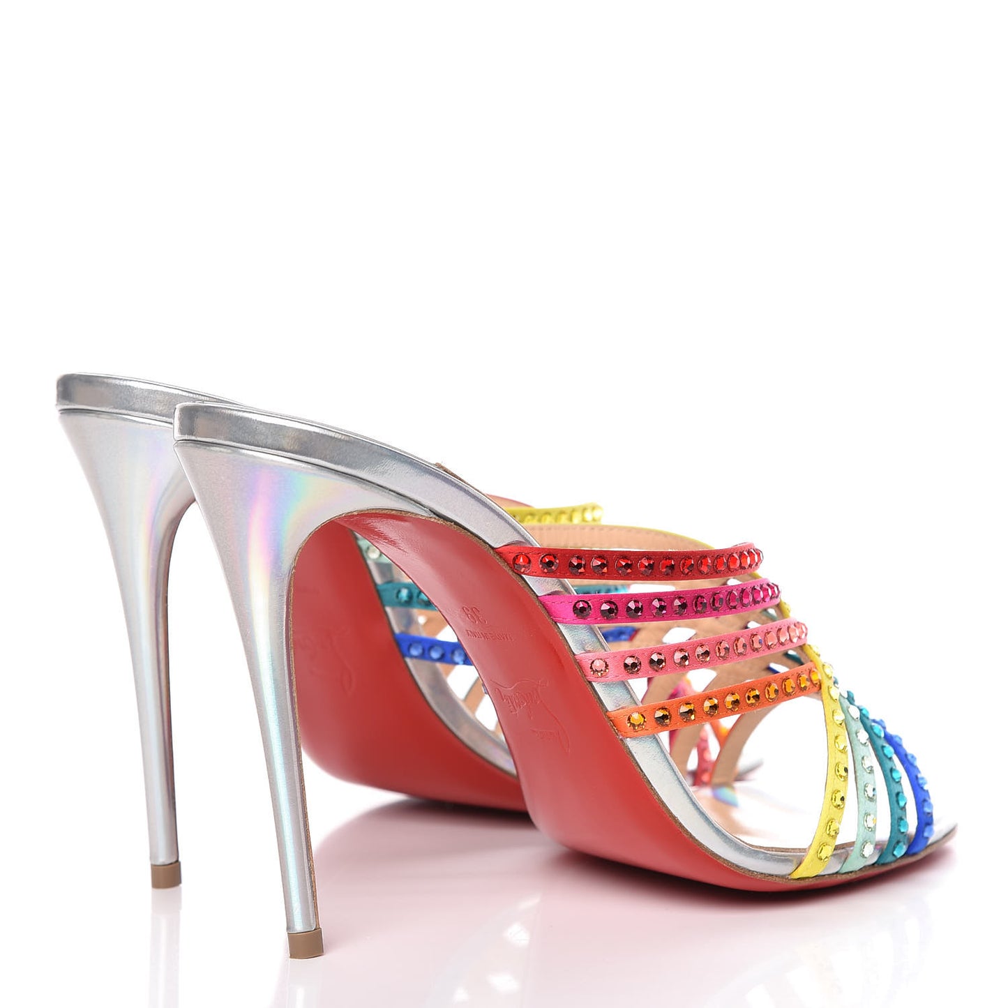Specchio Calfskin Crystal Marthastrass 100 Slide Sandals 39 Silver Multicolor