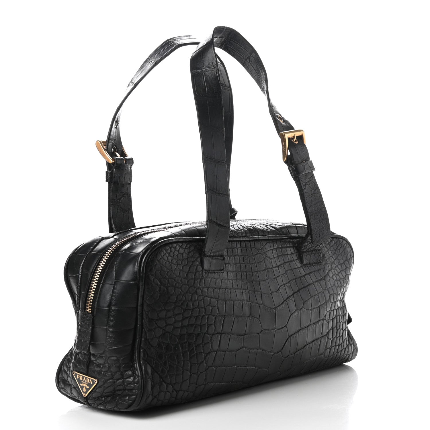 Prada Calfskin Crocodile Embossed Satchel Black 4 of 10