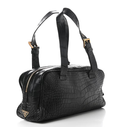 Prada Calfskin Crocodile Embossed Satchel Black 4 of 10