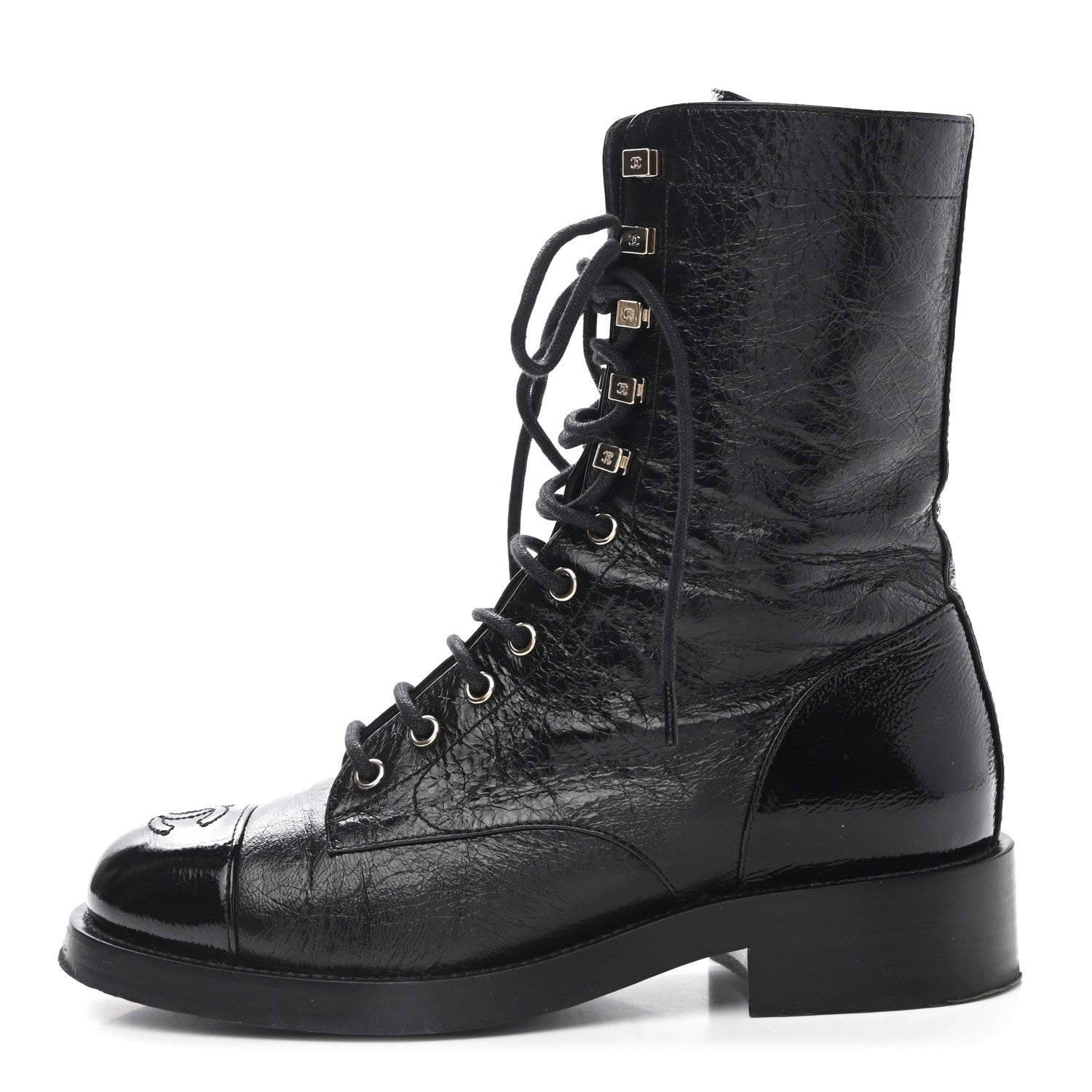 Chanel Aged Calfskin Lace Up Combat Boots 37.5 Black 1 of 9