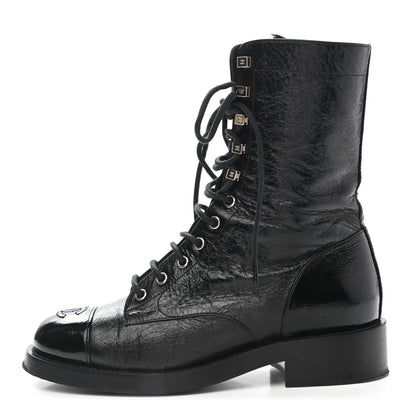 Chanel Aged Calfskin Lace Up Combat Boots 37.5 Black 1 of 9