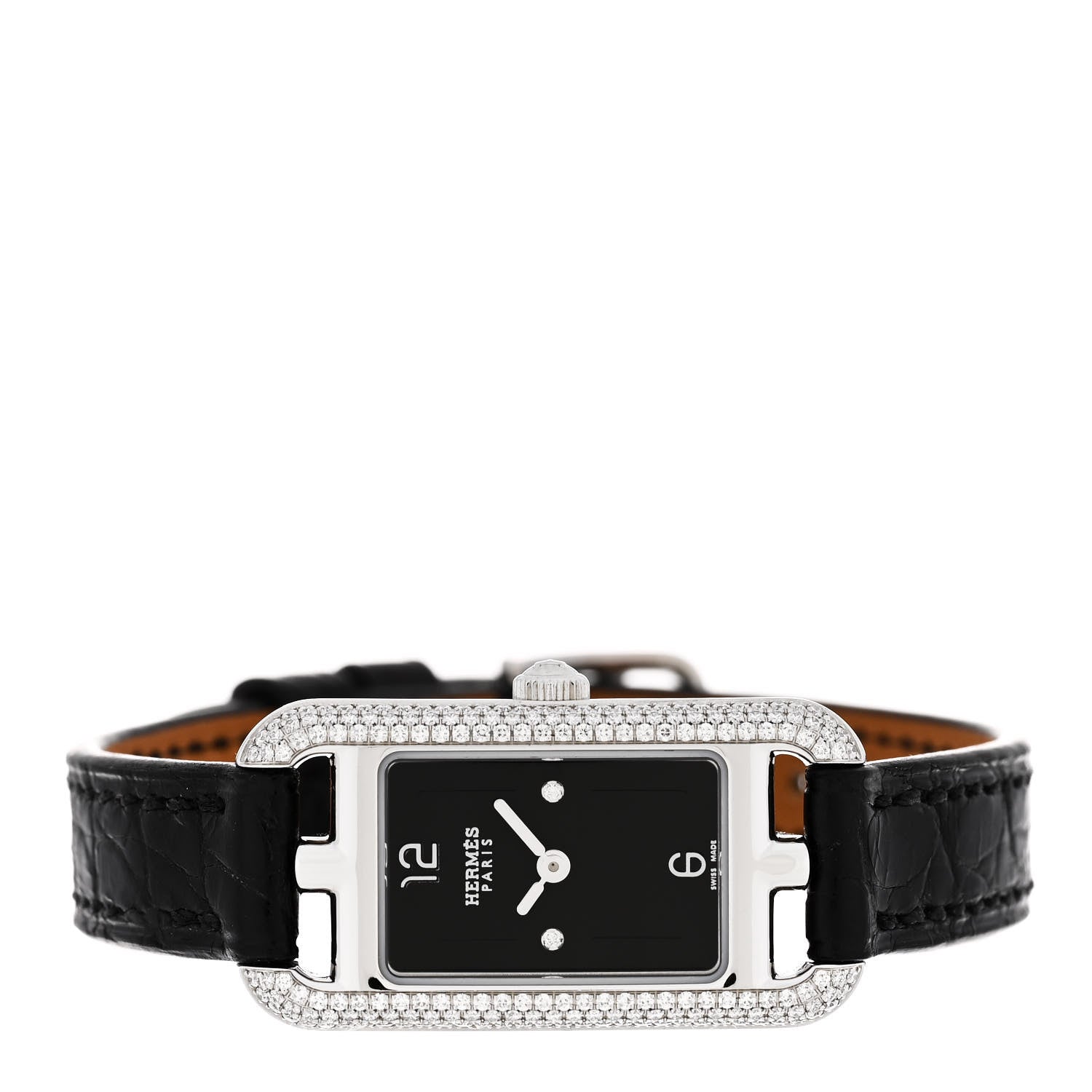 Hermes Stainless Steel Alligator Diamond 17mm Nantucket Serti Joaillier Quartz Watch Noir 2 of 5