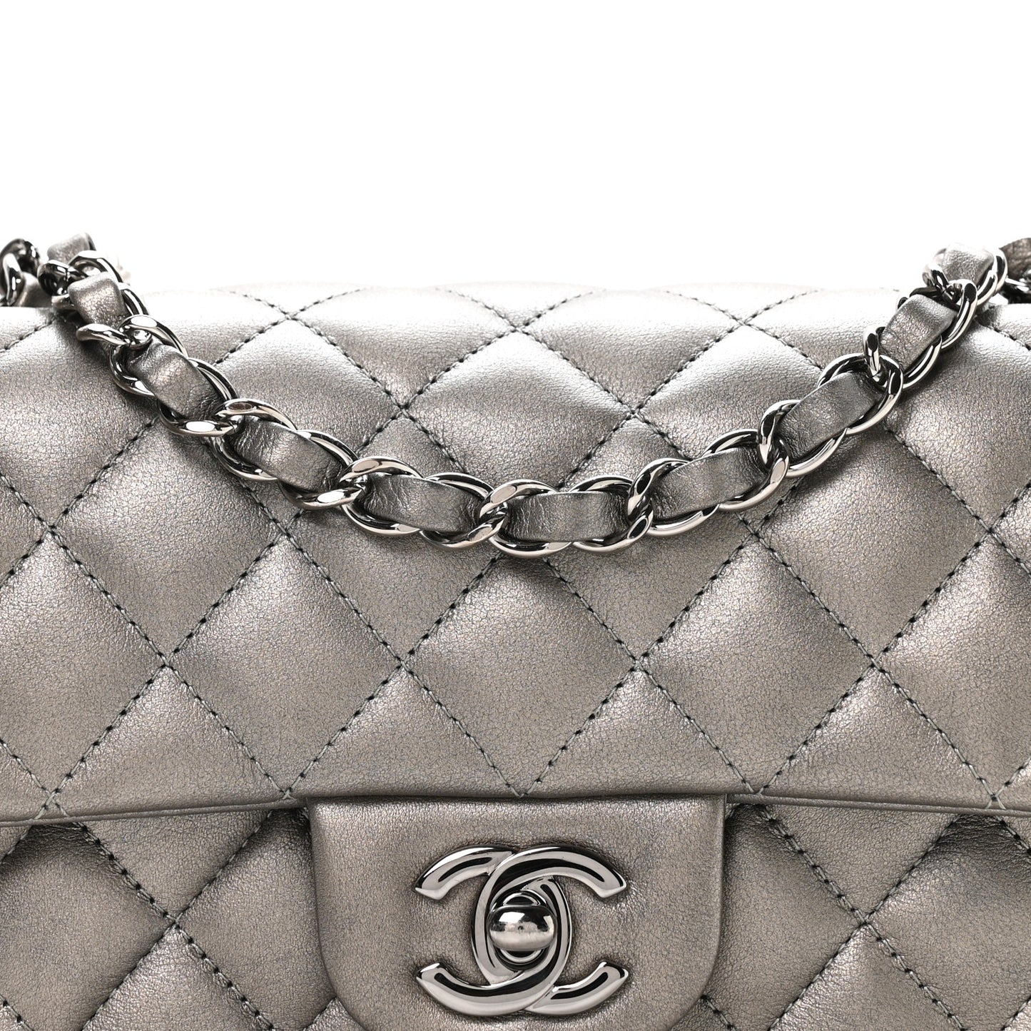 Metallic Lambskin Quilted Mini Rectangular Flap Silver