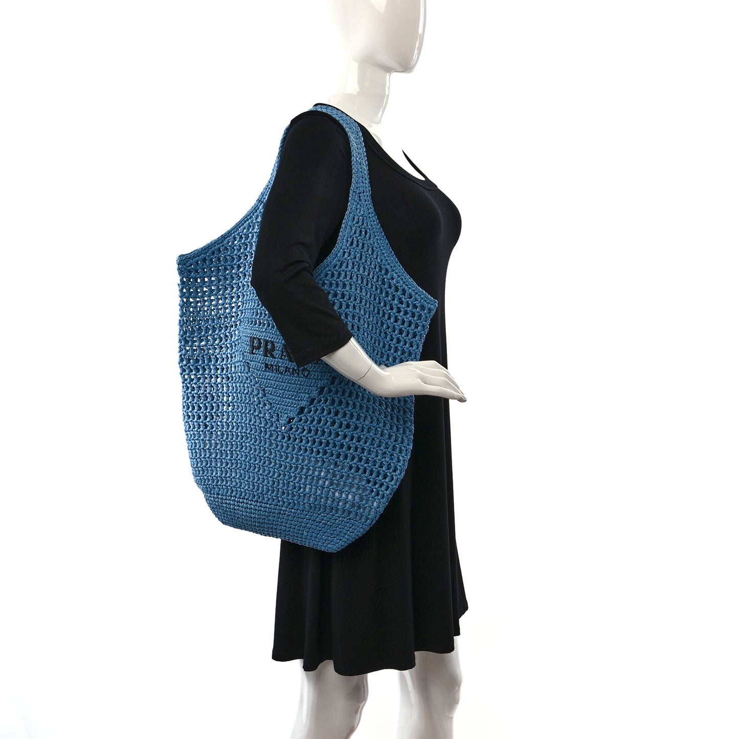 Yarn Raffia Effect Crochet Logo Embroidered Shopping Tote Bag Celeste