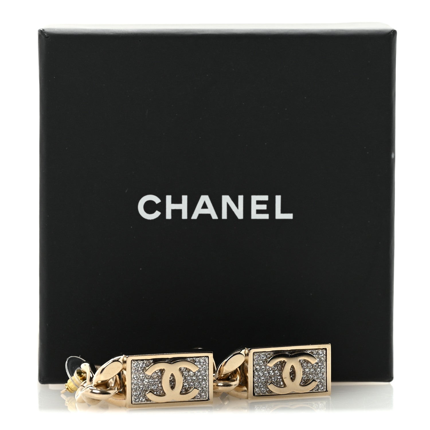 Chanel Crystal Dog Tag Charm Earrings Gold 9 of 10
