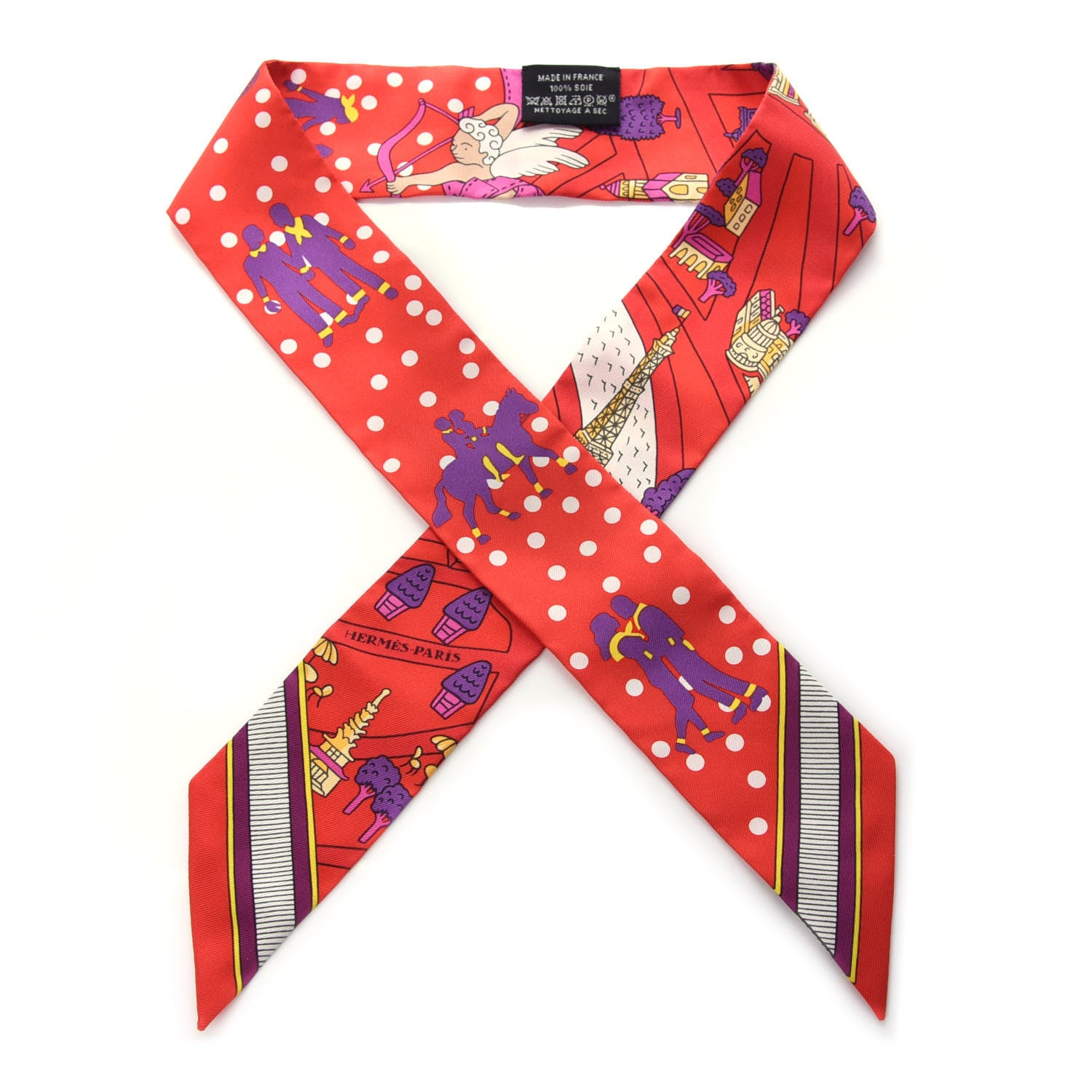 Hermes Silk Les Nouveaux Amoureux de Paris Twilly Rouge Violet Creme 1 of 3