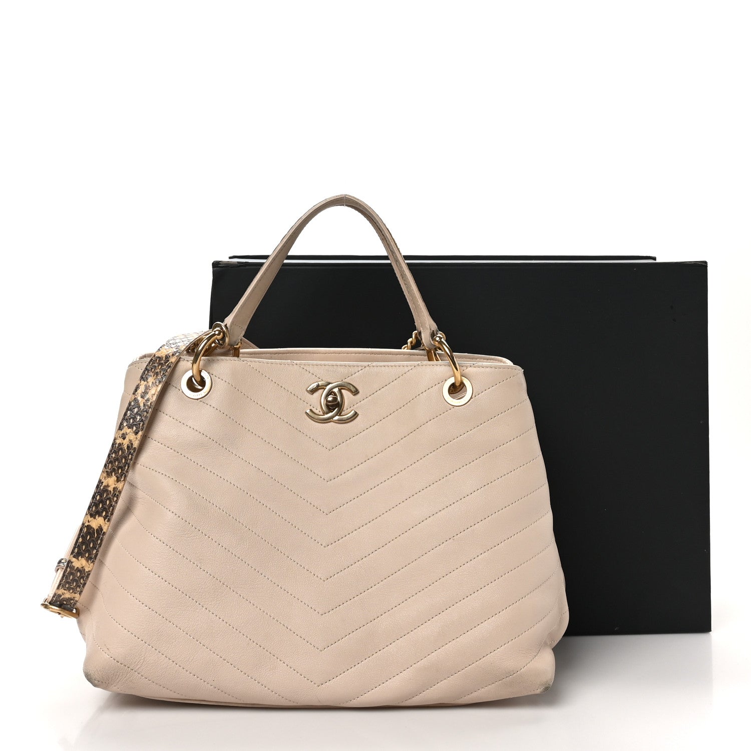 Chanel Calfskin Elaphe Stitched Large Chevron Chic Shopping Bag Beige 21 of 21