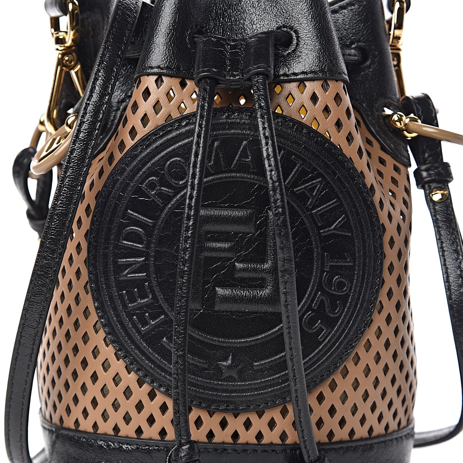 Fendi Vitello Liberty Glossy Lambskin F is Fendi Perforated Mini Mon Tresor Bucket Bag Sand Mimosa Black 10 of 10