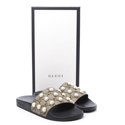 Gucci GG Supreme Monogram Pearls Slide Sandals 37 Beige 11 of 11