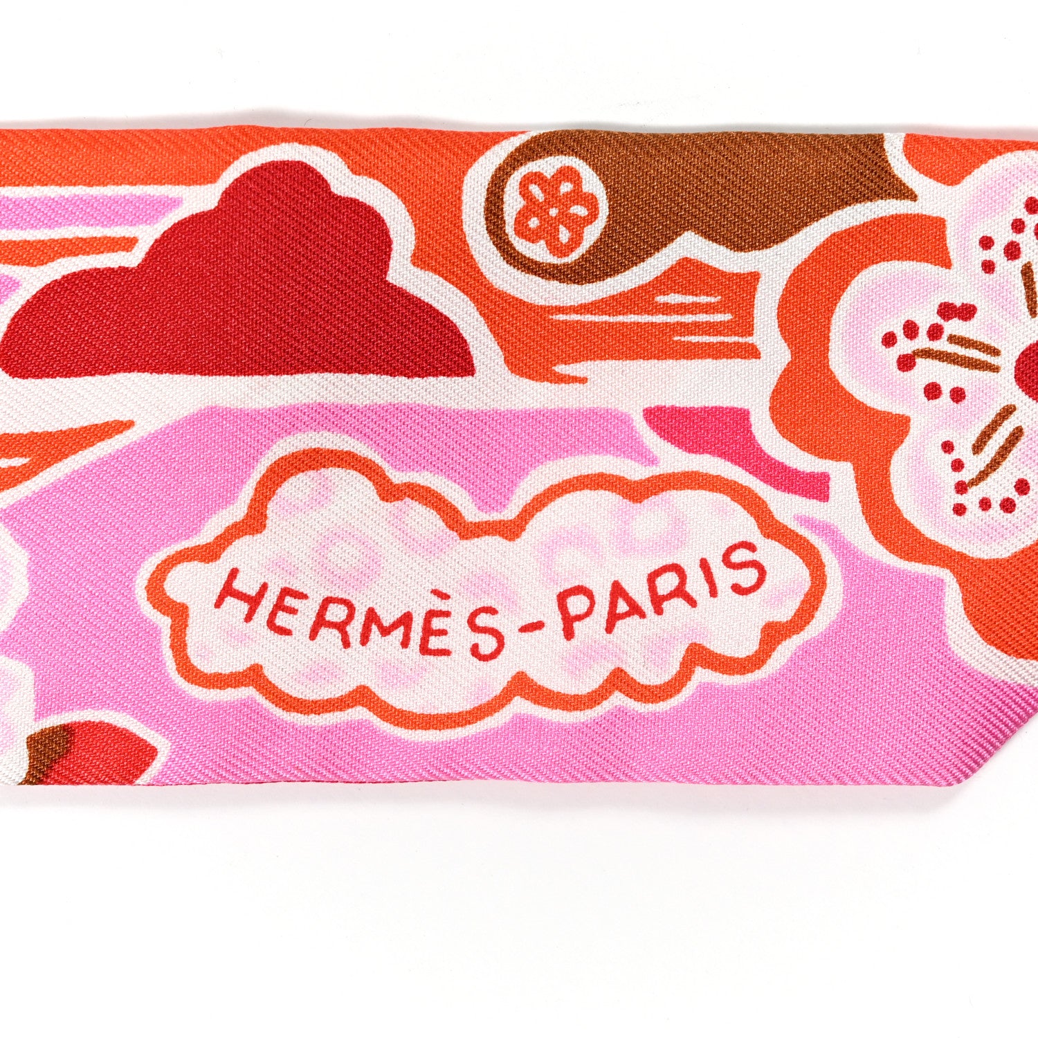 Hermes Silk Bingata Twilly Fuchsia Corail Brun 2 of 5