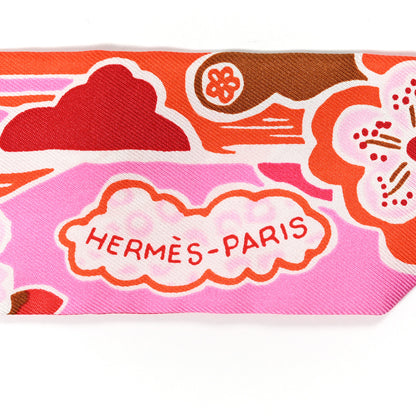 Hermes Silk Bingata Twilly Fuchsia Corail Brun 2 of 5