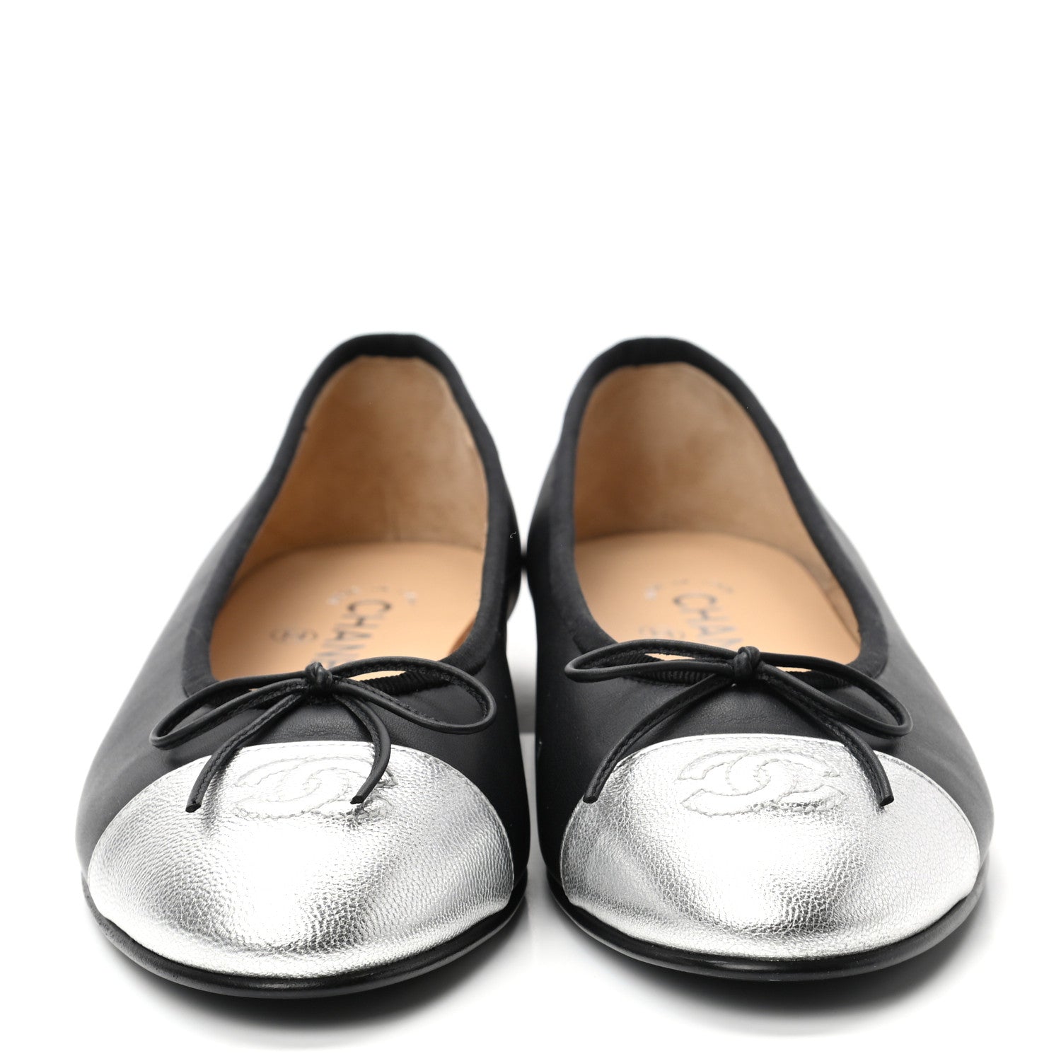 Chanel Calfskin Metallic Goatskin CC Cap Toe Ballerina Flats 38.5 Black Silver 2 of 8