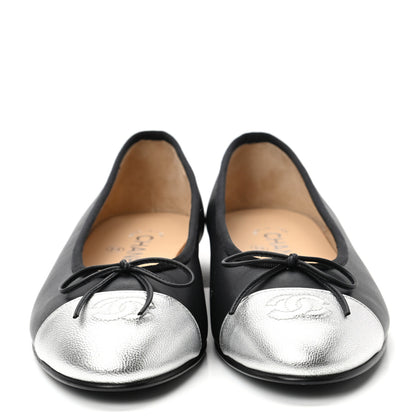 Chanel Calfskin Metallic Goatskin CC Cap Toe Ballerina Flats 38.5 Black Silver 2 of 8