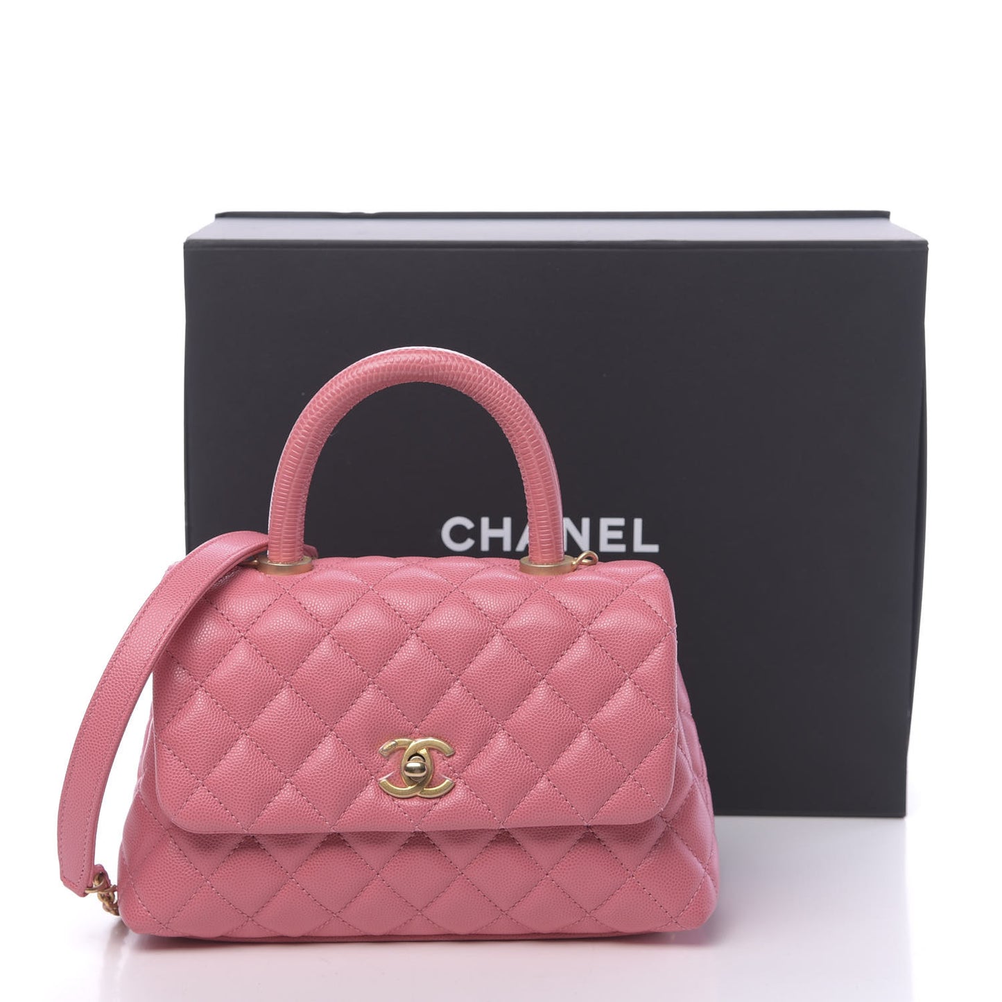 Caviar Lizard Embossed Quilted Mini Coco Handle Flap Pink