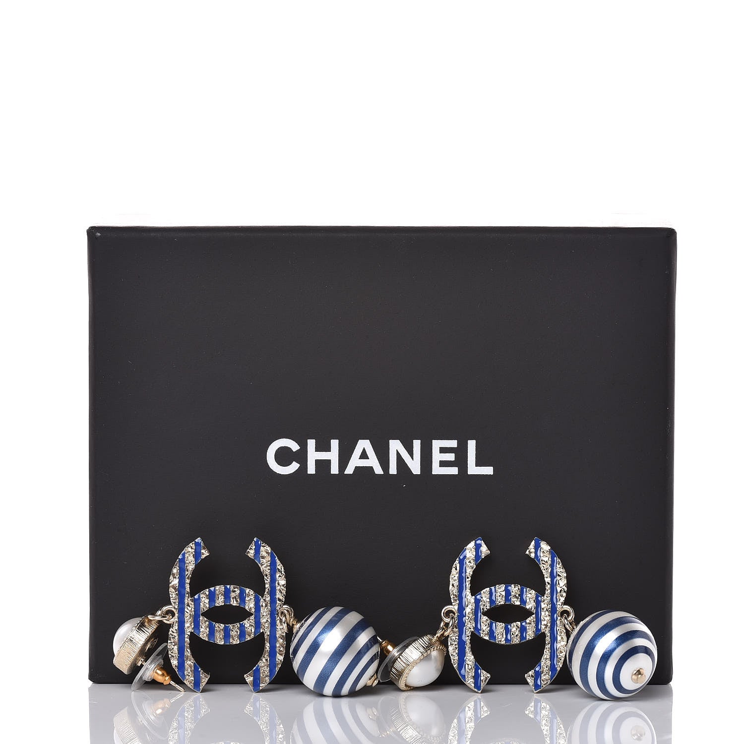 Chanel Resin Pearl Striped CC Drop Earrings Blue Gold 5 of 5