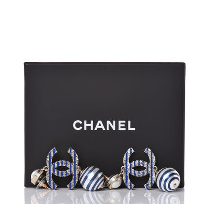 Chanel Resin Pearl Striped CC Drop Earrings Blue Gold 5 of 5