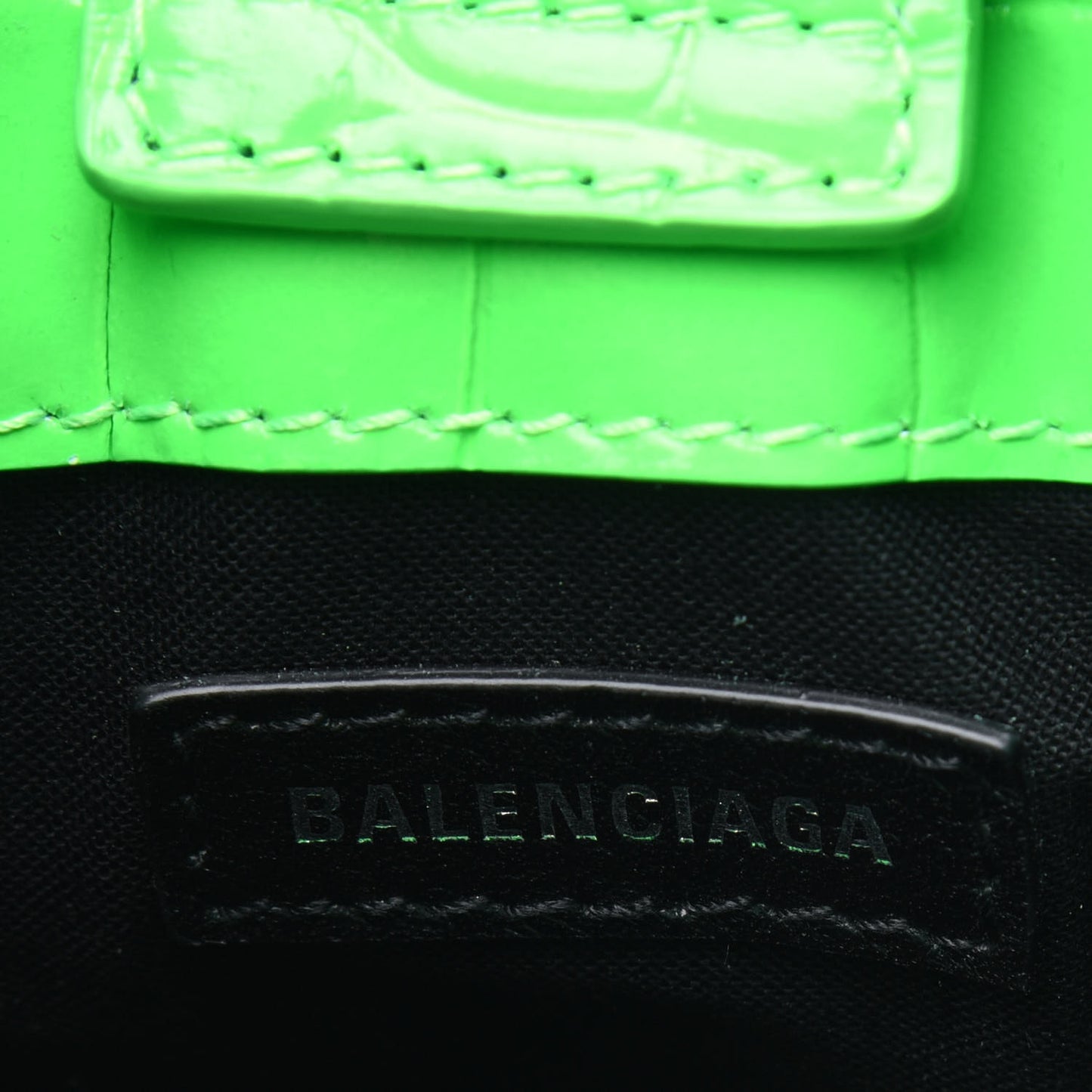 Shiny Calfskin Crocodile Embossed Logo Shopping Phone Holder Bag Fluo Green Black