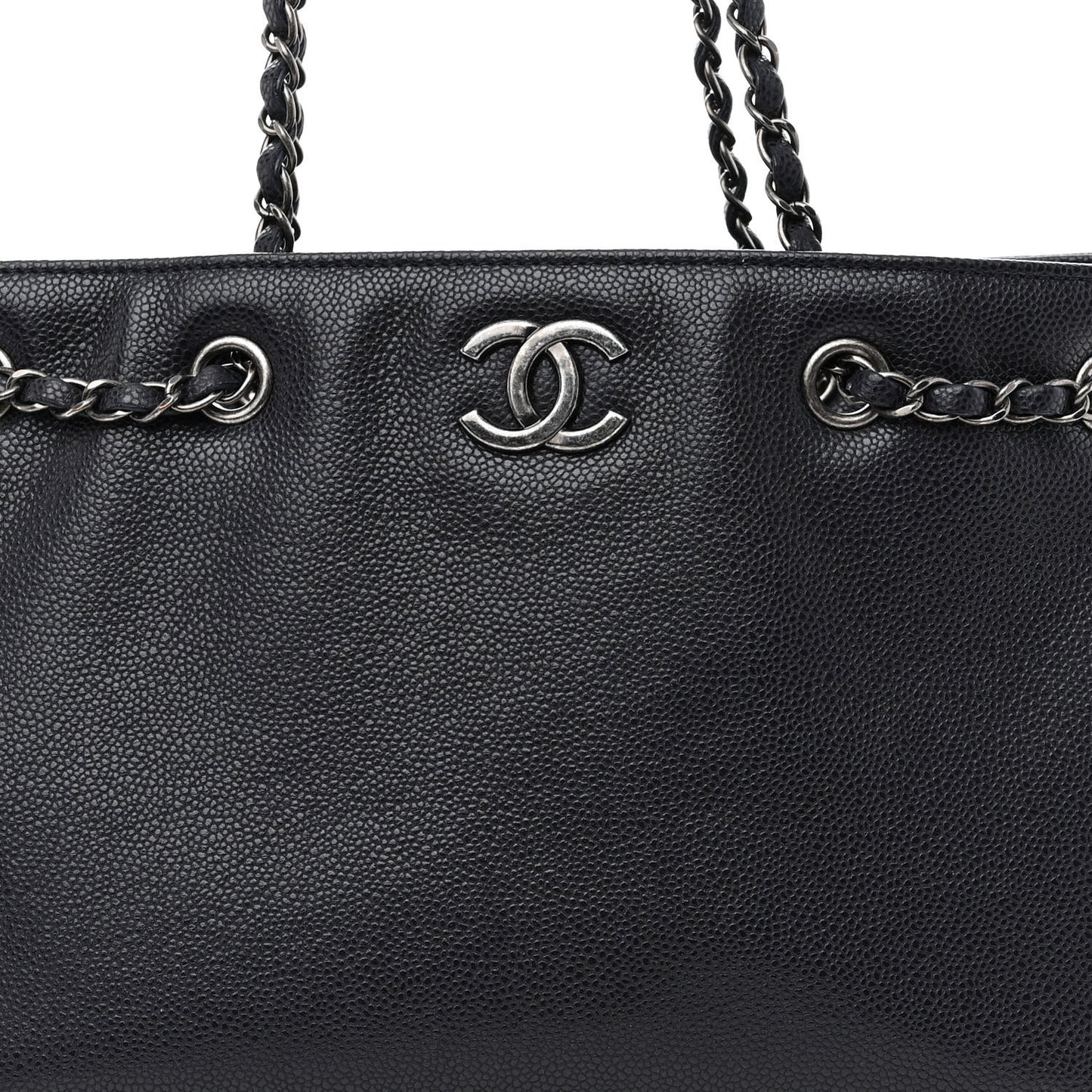 Metallic Grained Calfskin Woven Chain Medium Shopping Tote Dark Navy