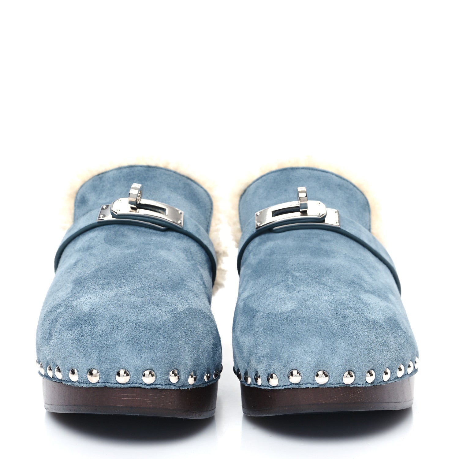 Hermes Suede Goatskin Woolskin Carlotta Mules 36 Bleu Pinede 2 of 8