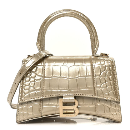 Balenciaga Metallic Calfskin Crocodile Embossed Hourglass Top Handle Bag XS Light Gold 1 of 11