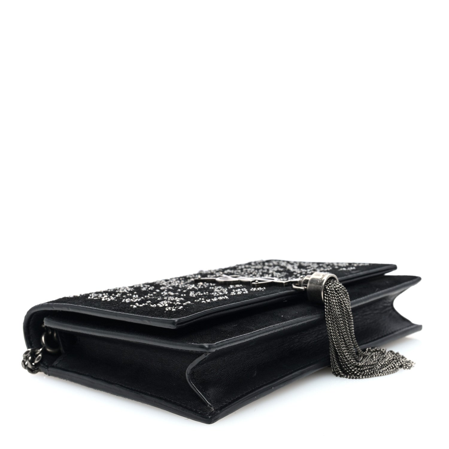 Saint Laurent Suede Bead Embellished Classic Monogram Kate Tassel Chain Wallet Black 4 of 10