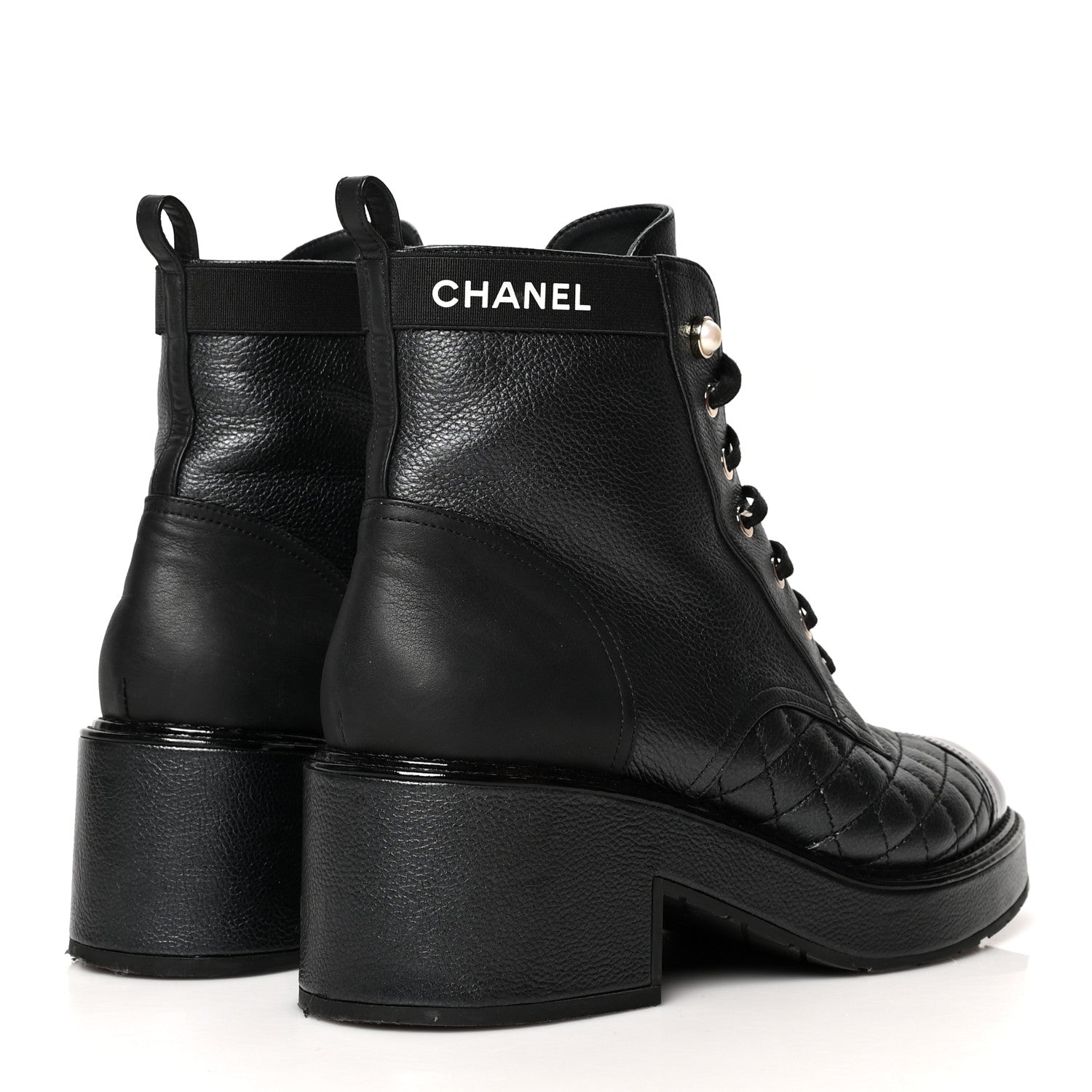 Chanel Pearly Calfskin Patent Calfskin Lace Up Combat Boots 40.5 Black 4 of 9