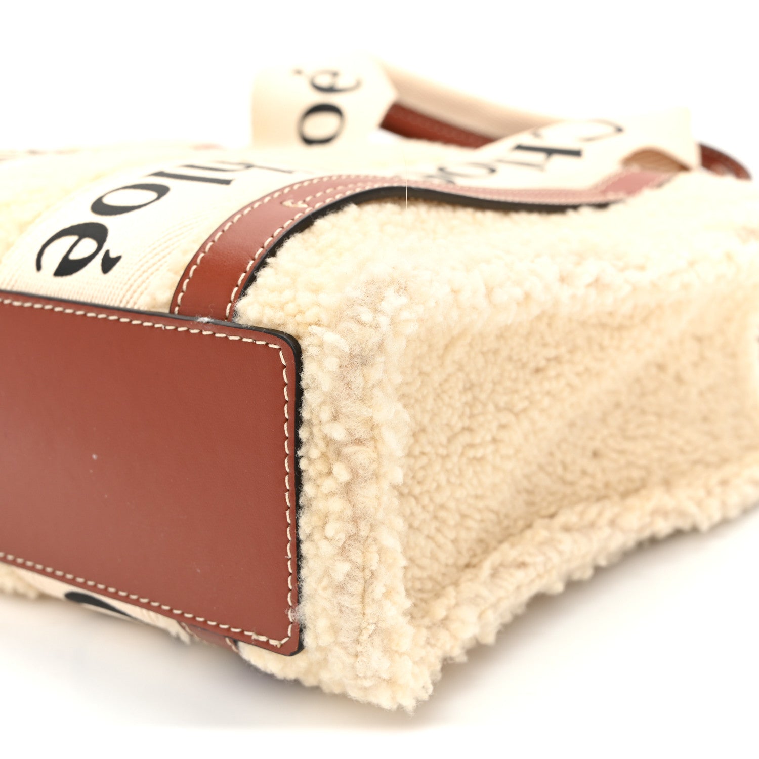 Chloe Shearling Calfskin Small Woody Ribbon Tote With Strap Mild