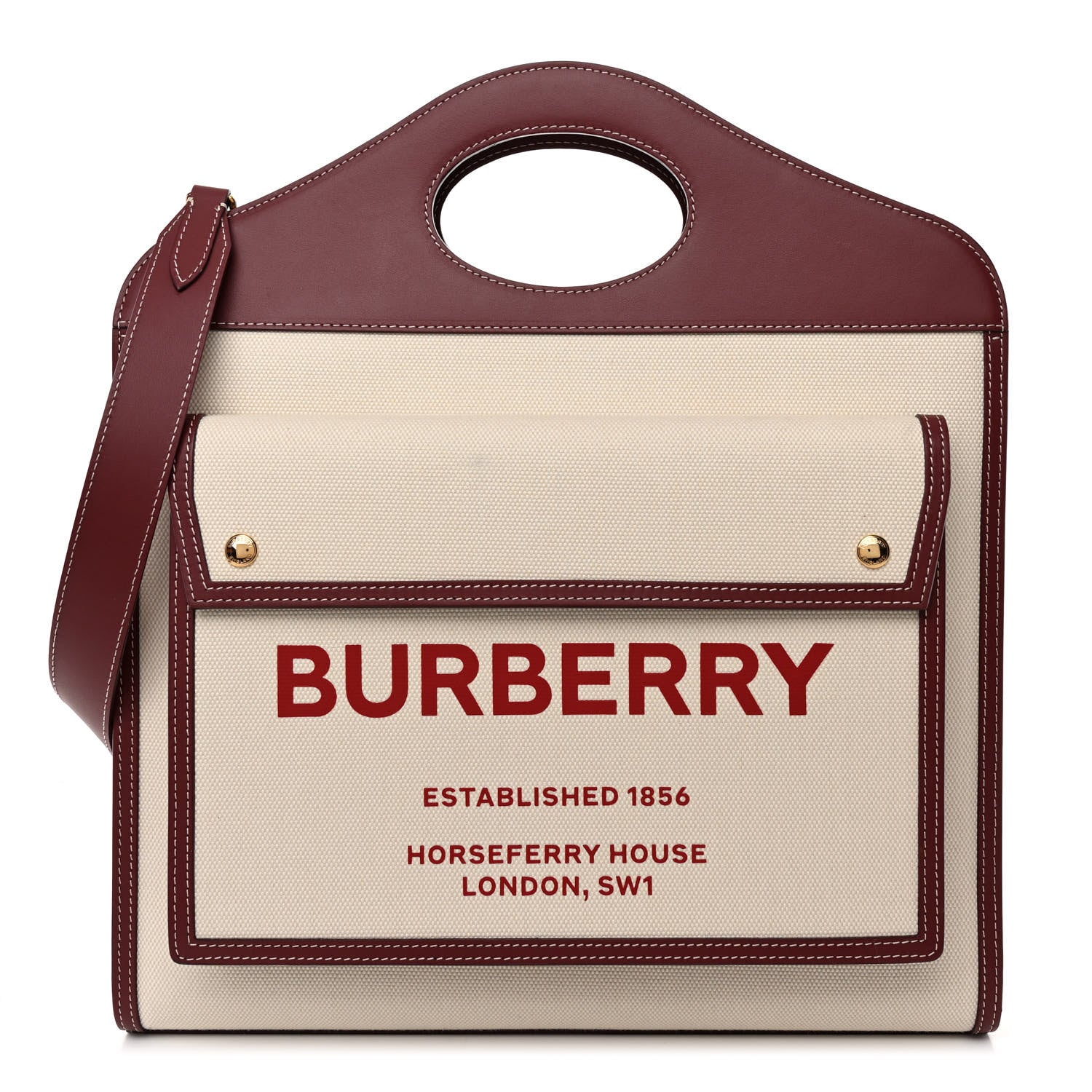 Burberry Canvas Smooth Calfskin Two Tone Medium Pocket Bag Natural Garnet Geranium 1 of 10