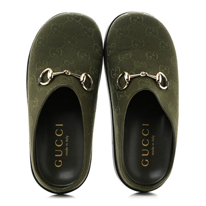 Gucci New Canvas Monogram GG Granada Kid Womens Horsebit Mules 35.5 Green 2 of 10
