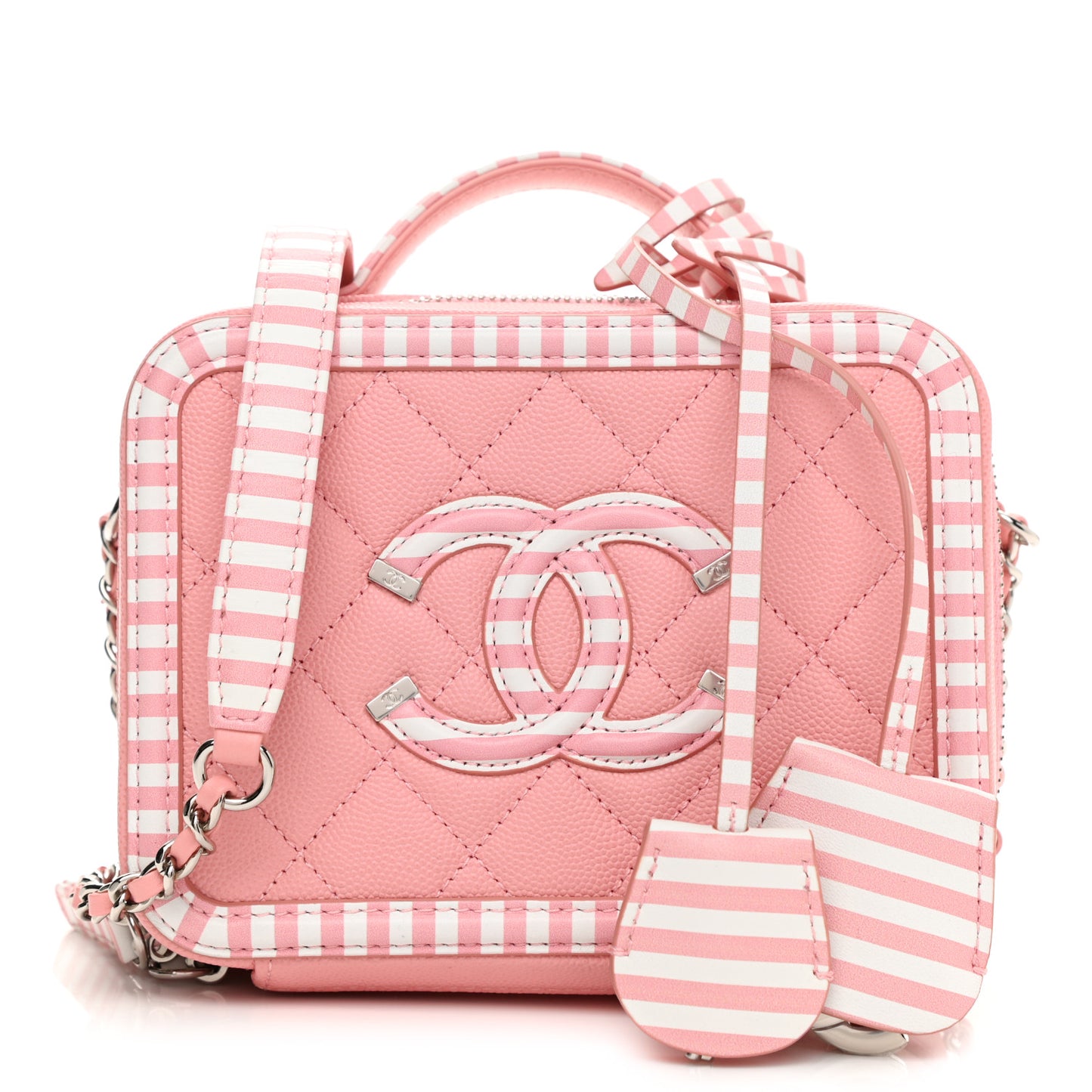 Caviar Quilted Striped Small CC Filigree Vanity Case Pink White