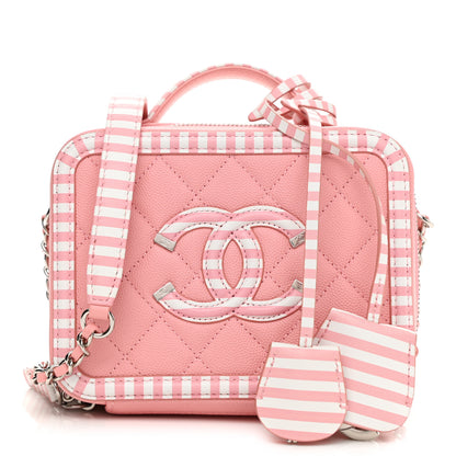Chanel Caviar Quilted Striped Small CC Filigree Vanity Case Pink White 1 of 10