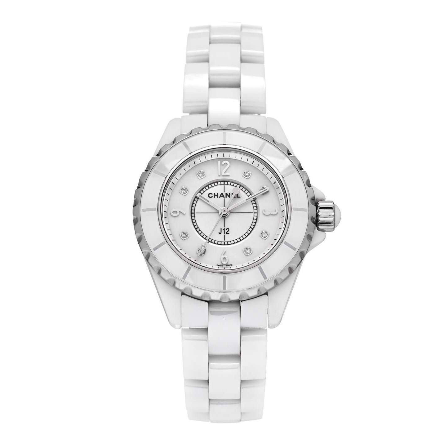 Stainless Steel Ceramic Diamond Mother of Pearl 33mm J12 Quartz Watch White