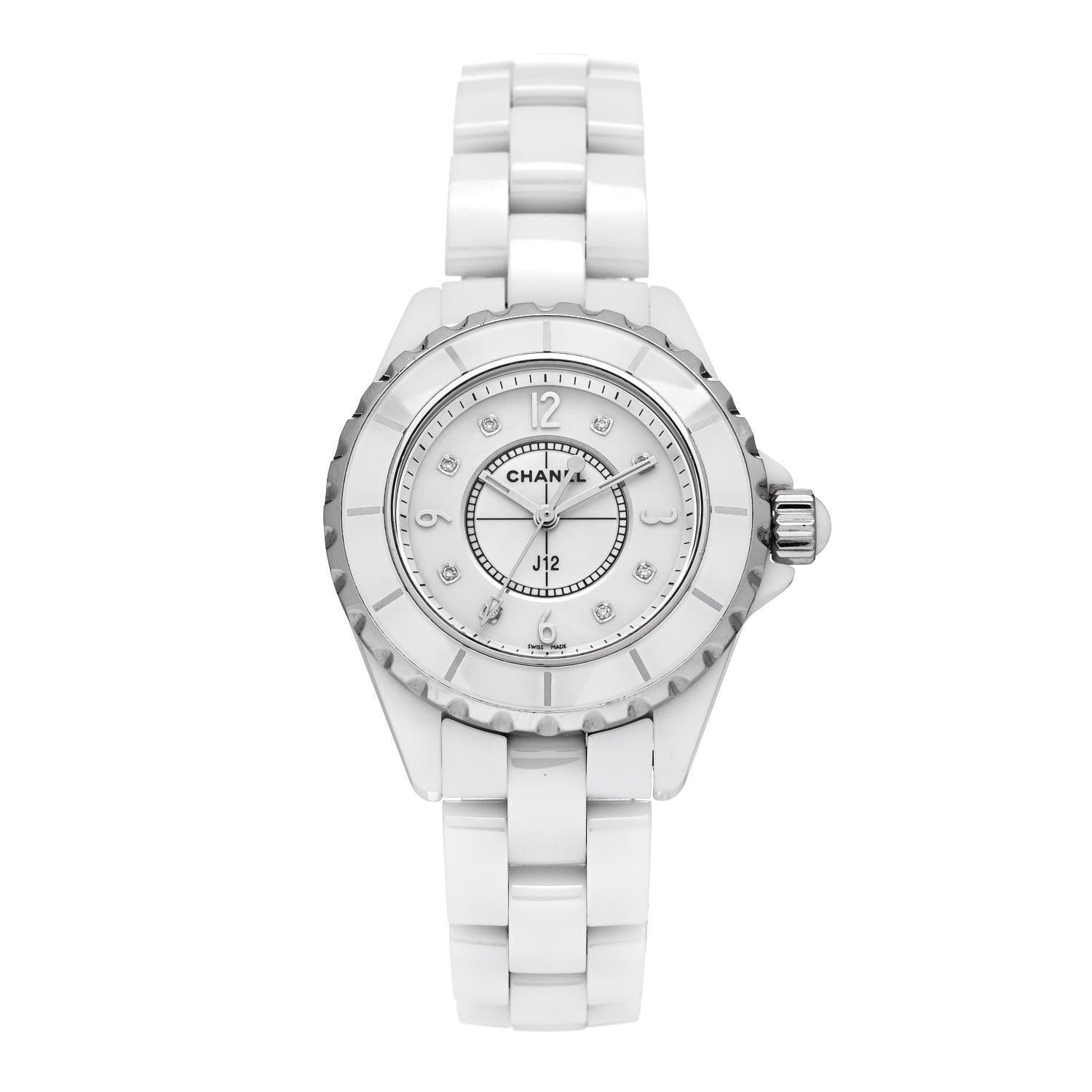 Chanel Stainless Steel Ceramic Diamond Mother of Pearl 33mm J12 Quartz Watch White 1 of 5