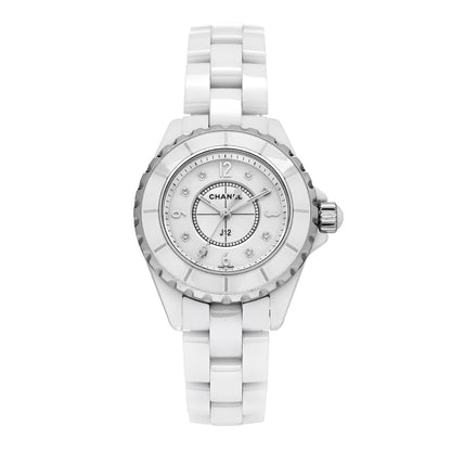 Chanel Stainless Steel Ceramic Diamond Mother of Pearl 33mm J12 Quartz Watch White 1 of 5