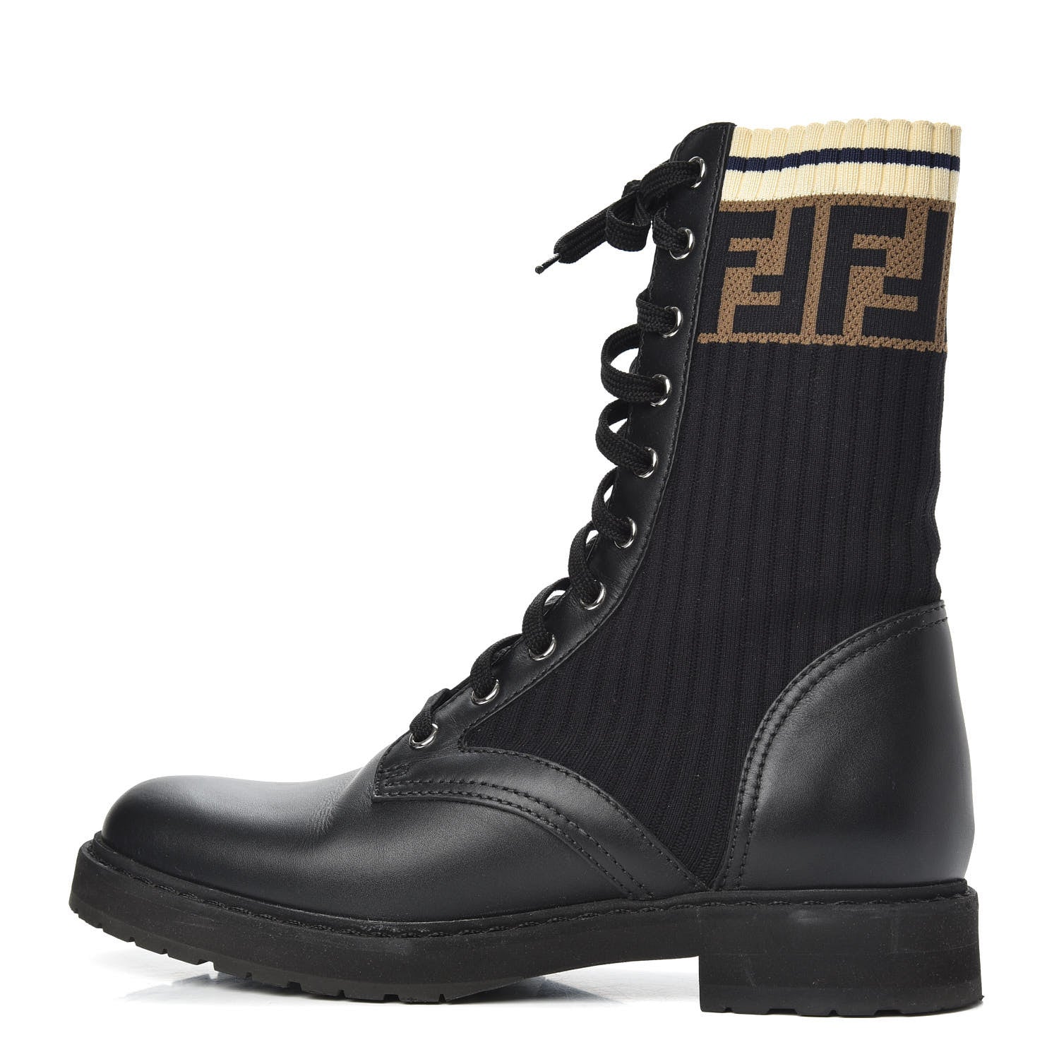 Fendi Calfskin Stretch Fabric Rockoko Biker Boots 37 Tobacco Black Marino 1 of 8