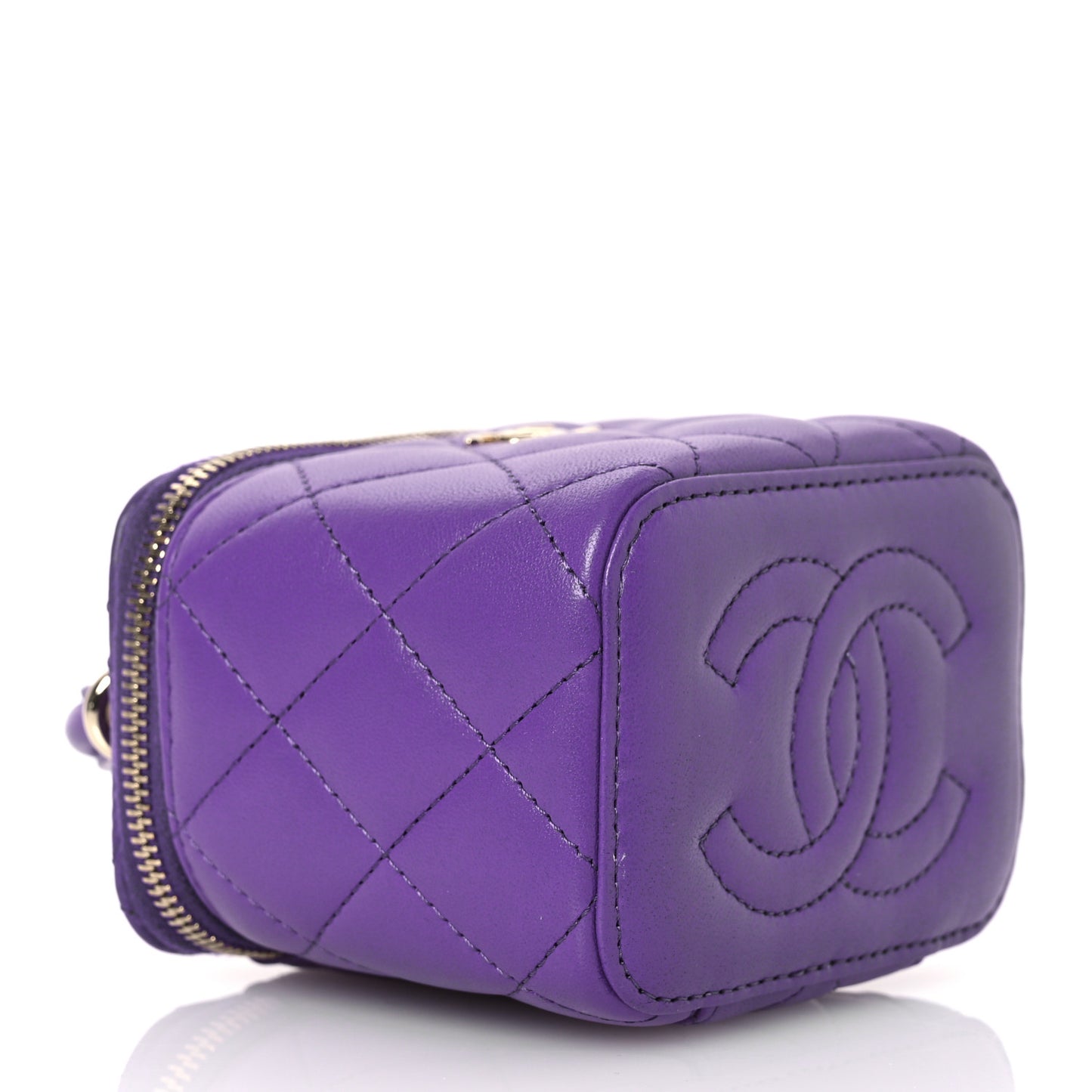 Lambskin Quilted Top Handle Mini Vanity Case With Chain Purple