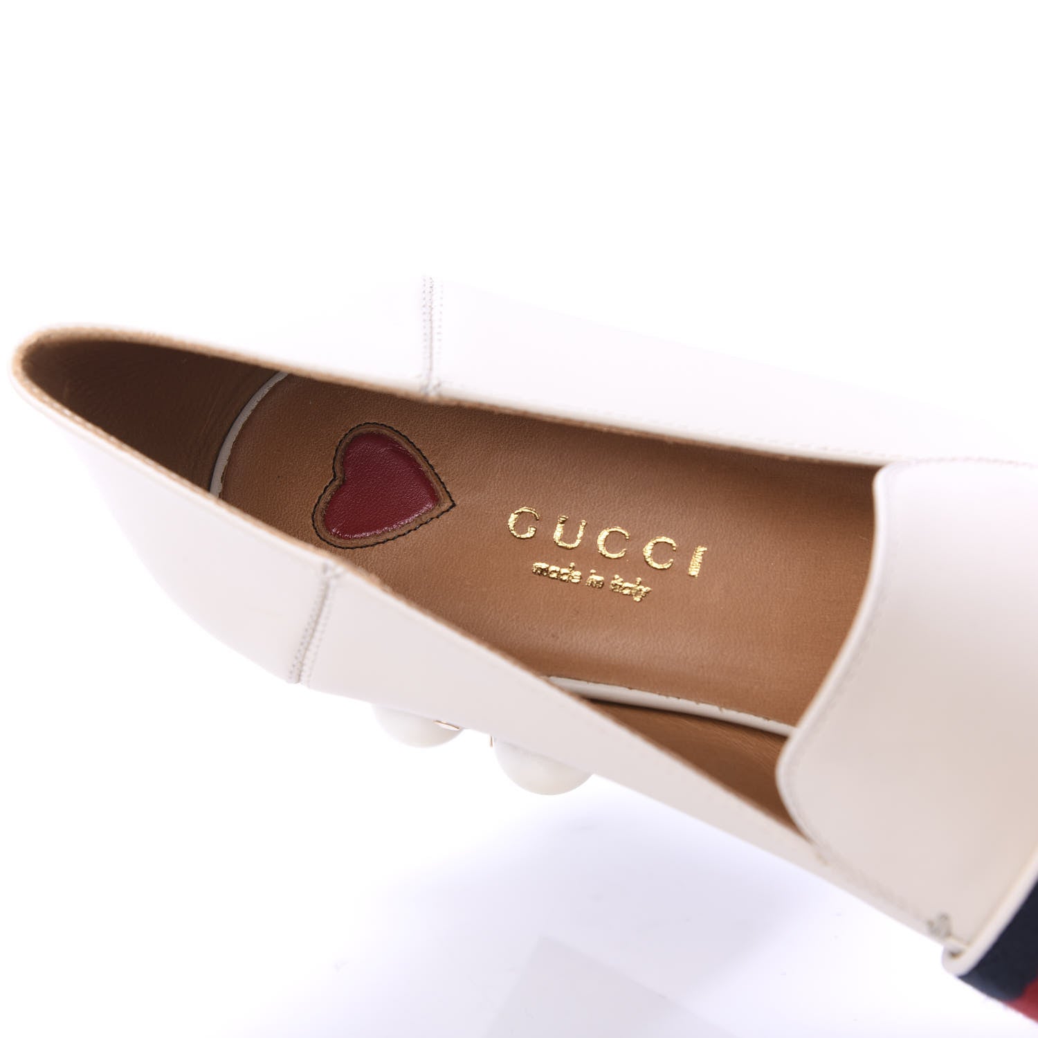 Gucci Betis Glamour Calfskin Web Pearl Embellished Peyton 75mm Loafer Pumps 38 Mystic White 8 of 9