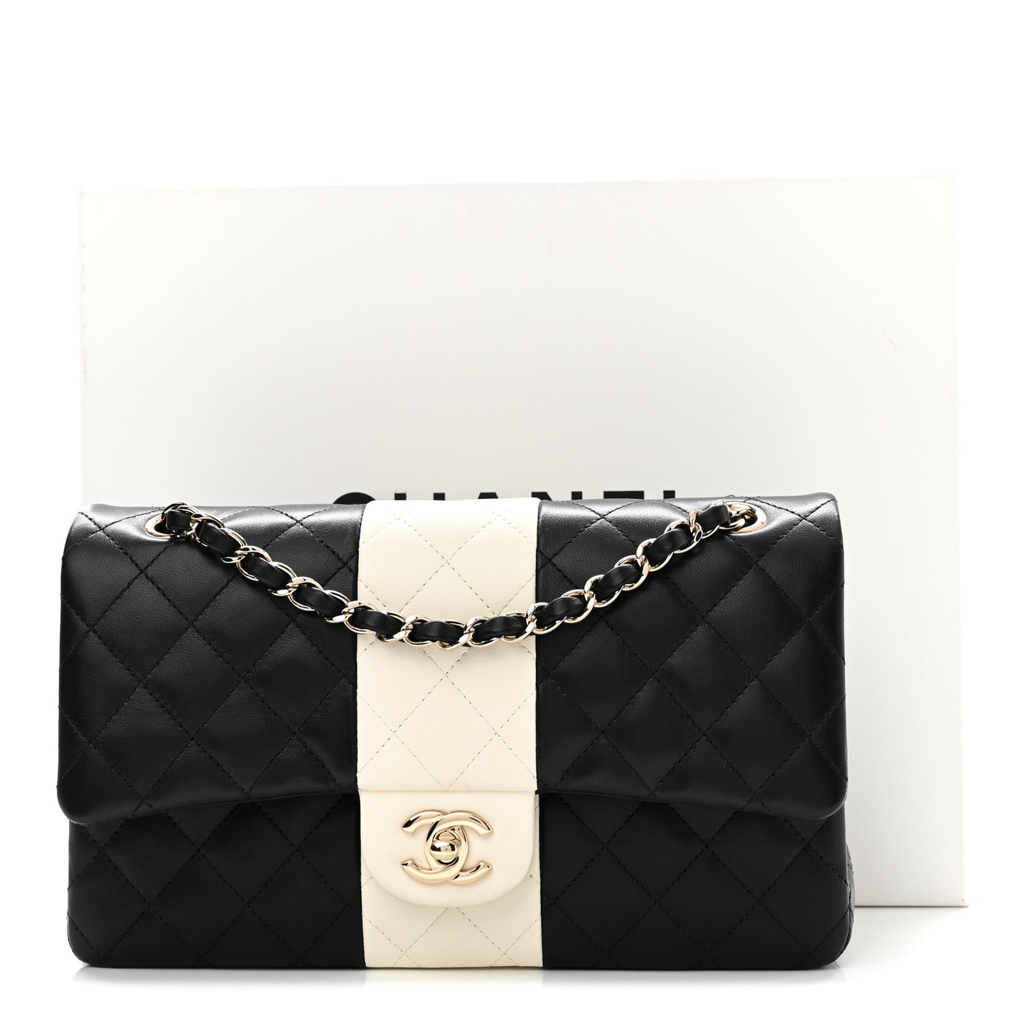 Lambskin Quilted Medium Double Flap Black White