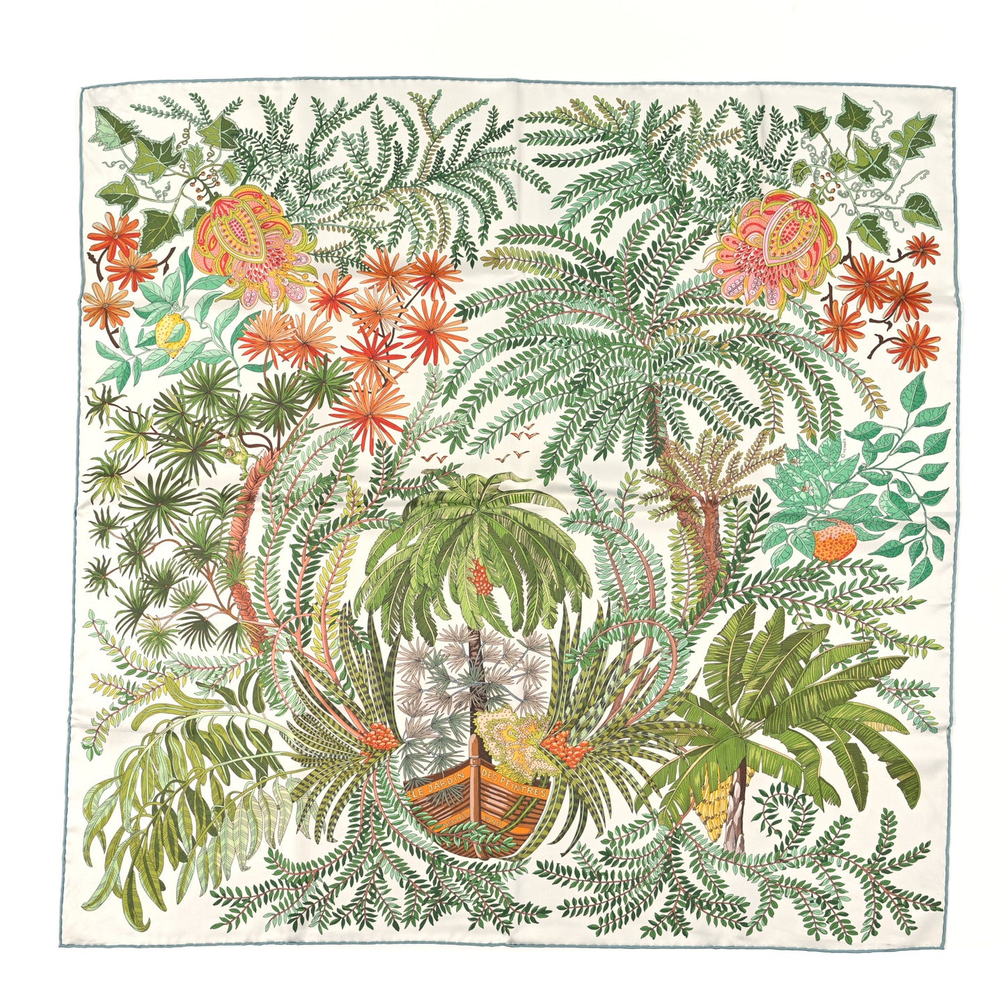 Silk Le Jardin Des Peintres Double Face Scarf 90 White Vert Orange Cuit