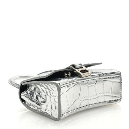 Balenciaga Metallic Calfskin Crocodile Embossed Hourglass Top Handle Bag Mini Silver 4 of 9