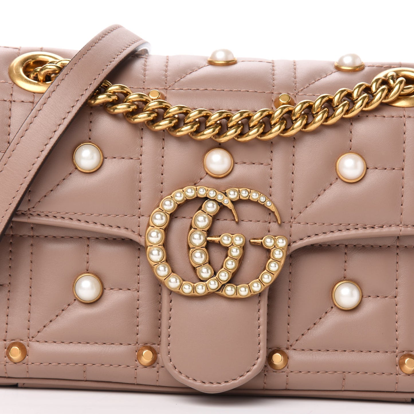 Calfskin Matelasse Studded Mini Pearly GG Marmont Shoulder Bag Porcelain Rose